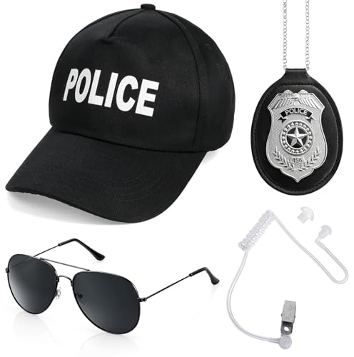 BTHRORO Polizei Kostüm Zubehör, Polizei Baseballmütze Verstellbar Abzeichen Sonnenbrille Polizeimütze Detective Cop Swat Kostüm Accessoire für Cosplay Mottoparty Karneval Party Dress up