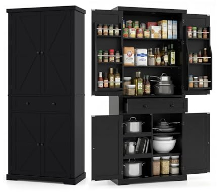 KOMFOTTEU Credenza Alta da Cucina con Ripiano Regolabile, Mobile Buffet con Cassetto, Vassoi Scorrevoli e Ante, Armadio Dispensa per Soggiorno, Sala da Pranzo, 77 x 40 x 184 cm (In 2 Scatole) (Nero)