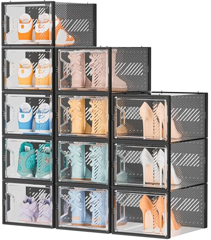 SIMPDIY Large Shoe Storage Box, 12 pcs Stackable Clear Shoe Boxes for UK 12 | Magnetic Door & Aromatherapy Stick, Clear Plastic, Dustproof, Ventilated & Anti-Odour, Ideal for Entryway & Wardrobe, Black