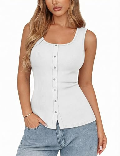 Aottori Top Mujer Cuello Redondo Botones Tirantes Anchos Canalé Blanco M