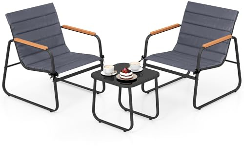 COSTWAY Set Tavolino e Sedie da Giardino, Set Bistrò 3 Pezzi con Cuscini Rimovibili, Tavolo in Vetro Temperato, Struttura in Metallo, per Patio, Cortile e Piscina (Modello 4)