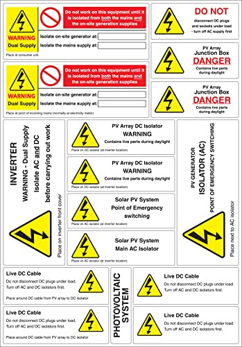 Solar PV System Warning Label Set - A4 Sheet - Price per Pack of 160 Labels (11 Designs / 10 Sheets per Pack) (P/NO. 7828187) - Stock Loc. CTL97