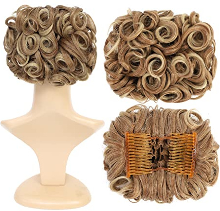 SWACC Short Messy Curly Dish Hair Bun Extension Easy Stretch hair Combs Clip in Ponytail Extension Scrunchie Chignon Tray Ponytail Hairpieces (Light Brown/Beige Mixed-12T24#)