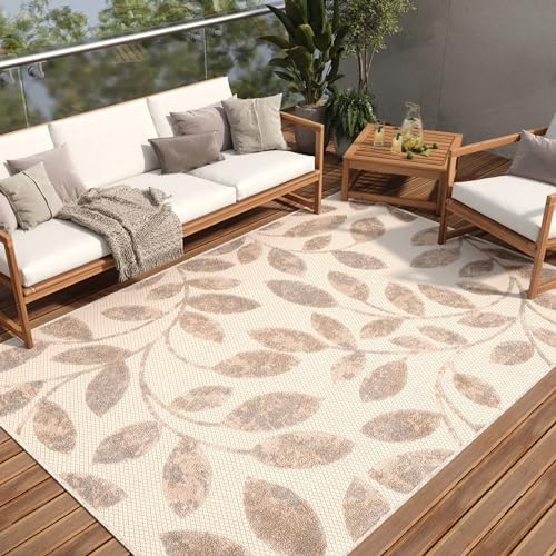 TAPISO Patio Teppich Indoor Outdoor Creme Beige Blätter 140 x 200 cm | strapazierfähiger Teppich UV-beständig Flachgewebe Sisaloptik Robust Wetterfest Terrasse Wintergarten Balkon OEKO-TEX