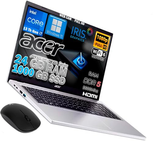Acer Notebook Aspire Silver Intel Core i7-13620H 13Th Raptor Lake, 10Core, Display FullHD 15,6, RAM 24Gb DDR5 5200Mhz, SSD PCIe NVMe 1000 Gb, Wi-Fi6E, BT, 4 usb di cui 2 USB type-c, Windows 11, Mouse