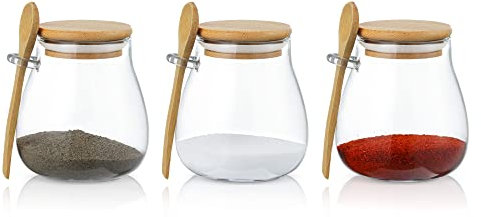 Joeyan 350ml Glas Vorratsbehälter mit Holzdeckel und Holzlöffel - 3er Set Luftdicht Gläser Klein mit Deckel - Küche Vorratsdosen für Würze, Kraeuter, Salz, Tee