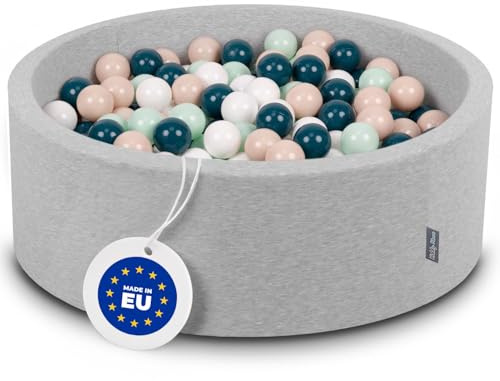KiddyMoon Bällebad 90X30cm/200 Bälle ∅ 7Cm Bällepool Mit Bunten Bällen Für Babys Kinder Rund, Hellgrau:Dunkeltürkis/Pastellbeige/Weiß/Minze