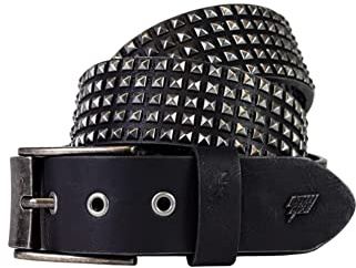 Lowlife of London Belts Ceinture rétractable en cuir pyramide à 5 rangées, cloutée punk, gothique, rock, pyramide, clous en métal à cinq rangées de rivets pour homme et femme, Noir/étain, 40 - 42