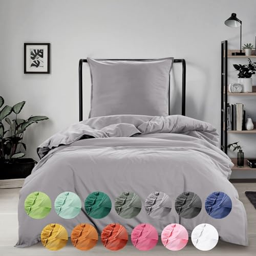 wometo Biancheria da letto Stone-Wash, 135 x 200 cm e 80 x 80 cm, in cotone Oeko-Tex, grigio