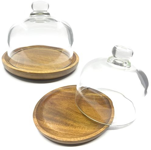 2 Stück Holz-Kuchenständer mit Glaskuppel, großer Mini-Kuchentellerhalter mit 15,2 cm transparenter Glasglocke, Kuchen-Präsentations-Serviertablett für Küche, Geburtstagsfeiern, Hochzeiten,