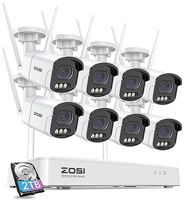 ZOSI 2,5K 8CH NVR Kit Vidéo Surveillance sans Fil avec 4MP Caméra WiFi, Alarme de Son et de Lumière, Détection de Personne/Véhicule, Audio Bidirectionnel, Vision Nocturne Couleur avec Projecteur