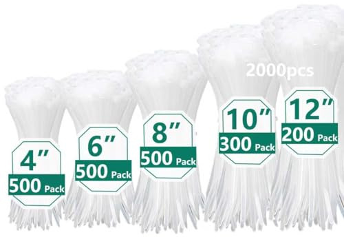 MasiStranth 2000 PCS Zip Ties Assorted Sizes 4+6+8+10+12 Inch Self-locking Nylon Cable ties Heavy Duty Outdoor, UV Resistant Wire Straps for Home Office Garden Workshop Indoor Outdoor Fence((White)