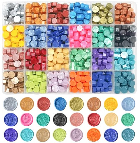 Wachs Achteckig Wachssiegel Set, 24 Farbe Siegelstempel 720 Stück siegelwachs Perlen, für Vintage Siegellack und Brief, Einladungen, Karten, Paket Geschenk Siegelwachs Set (Satz B)