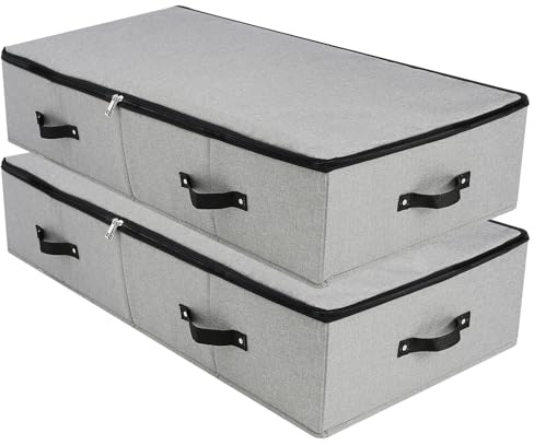 Vikbar tygförvaringslåda under sängen med plaststödfoder, 6 handtag, blixtlåslock, filtar kläder täcke förvaringsfack för sovrum och garderob, 90 × 42 × 18 cm, mörkgrå, 2 st