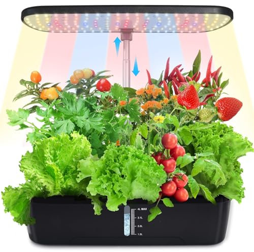 YU YUSING Kit de Culture Hydroponique d'Intérieur, 12 Dosettes Jardin d'Plant avec Lampe Culture LED, Potager Interieur, Hauteur Réglable, Pompe Silencieux, Minuterie Intelligente, Réservoir d'eau 4L