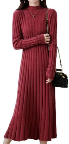 Ailaile 100% Wool Sweater Dress Women's Mock Neck Pit Strips Slim V-Neck Long Sleeve Pullover A-line Knitted Dress Gold Red