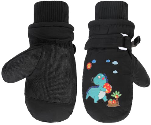 QKURT Kids Ski Mittens, Waterproof Winter Warm Snow Gloves, Cute Cartoon Dinosaur Gloves, Thick Fleece Lining Thermal Mittens Snowboard Skating Mittens with Anti-Slip Palm for Boys Girls Aged 2-8