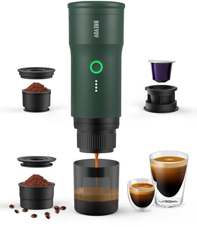 BREVOY Portable Electric Espresso Machine: Ground Coffee & Capsule, Self-Heating, 20 Bar Mini Coffee Maker, Car Charger, 9000mAh Battery - Ideal for Camping, Travel, Car, RV, Hiking, Office-Green