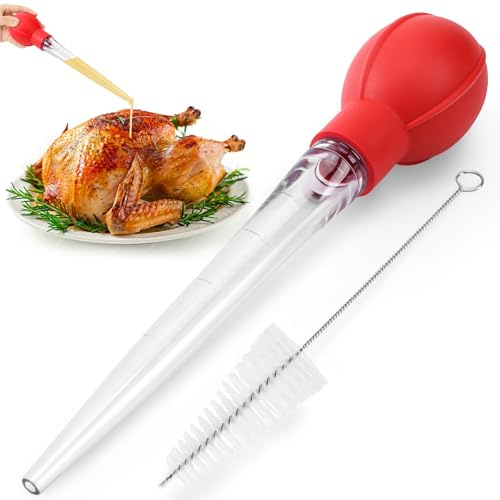 OLESBUR Premium kalkon Basters för matlagning – Brasterspruta för varma vätskor – kött- och matinjektor – viktigt Thanksgiving matlagningsverktyg – kalkon baster stor med rengöringsborste (röd)