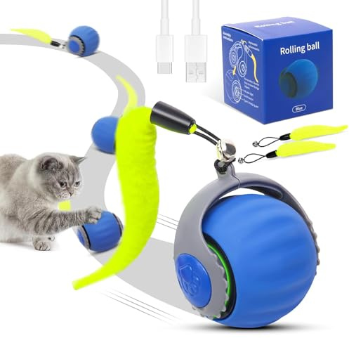 RuiDay Jouet pour Chat, Jouet Balle Interactif pour Chat, Jouet Chats Intérieur, avec Queue Duveteuse, Balle Roulante Automatique pour Chats, Charg (Bleu-1pcs)