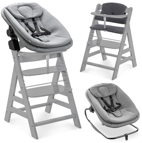 hauck Alpha+ Hochstuhl Newborn Set mit Highchair Bouncer - Grau | Mitwachsender Holz Kinderhochstuhl ab Geburt bis 90 kg | inkl. Neugeborenenaufsatz & Sitzkissen