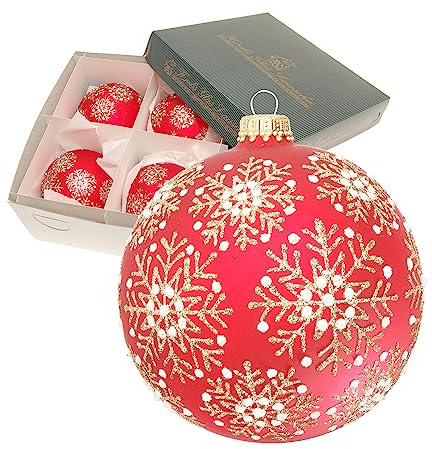 Krebs Glas Lauscha - Decorazione natalizia/decorazioni per albero di Natale in vetro – Palline di Natale – Motivo: sfera rossa con cristalli di neve in bianco/oro – Dimensioni: 4 x 10 cm