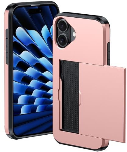 XYZNTMF for iPhone 16 Case Shockproof iPhone 16 Phone Case with Card Holder Soft Silicone TPU Bumper Matte Hard PC Shell Heavy Duty Protective Skin Cover Rubber Case for iPhone 16, Rosegold