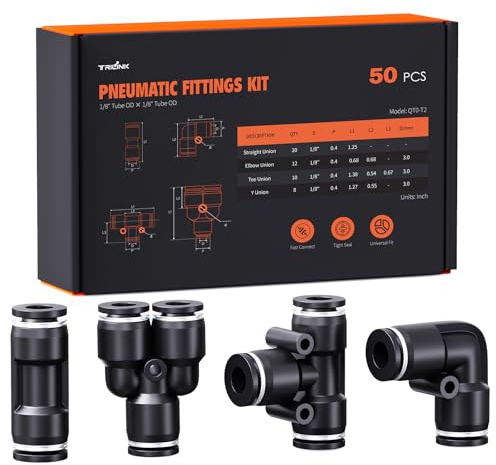 TRILINK Kit 50 Racores Neumáticos 1/8 OD – Racores Push-to-Connect: En T, Rectos, Codos y Divisores, Racores Rápidos Aire Comprimido para Compresores, Herramientas y Tuberías