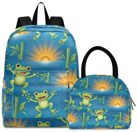 RPLIFE Kindertaschen-Set, wasserdicht, isoliert, Kühltasche, Kinderrucksäcke Jungen, grüne Frösche, Augen, Gliedmaßen