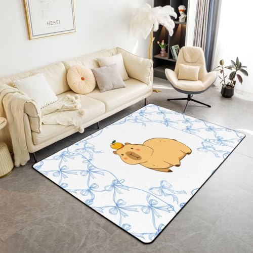 Erosebridal Blue Bow Capybara Non Slip Rugs 5x7 for Bedroom Cute Bowknot Capybara Area Rug Preppy Bow Coquette Carpet Non Shedding Rodent Animals Ribbon Dreamy Kawaii Decorative Washable Rug