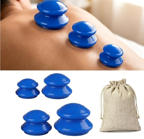 Set de 4 Ventosas de Silicona para Masaje Anti Celulitis, Ventosa Facial y Corporal, Cupping Fisioterapia Therapy, Alivia Dolores Musculares (L-XS, Azul)