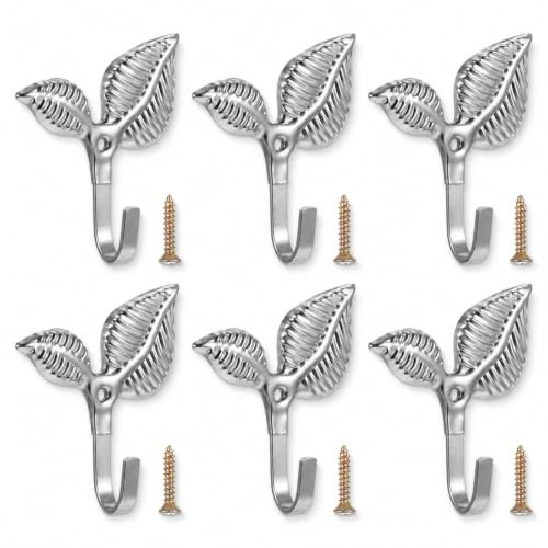 Iron Leaf Wall Hooks 6pcs, Silver Rustic Heavy Duty Wall Hangers Home Decor | Leaf-Shaped Single Hook Decorative Iron Hook for Hanging Coat, Key, Bag, Towel, Home Decor for Kitchen Bathroom Entryway