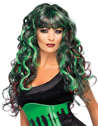 Smiffys Perücke Bluttriefendes Monster, Grün und Purpur, Lang und lockig mit Fring Halloween