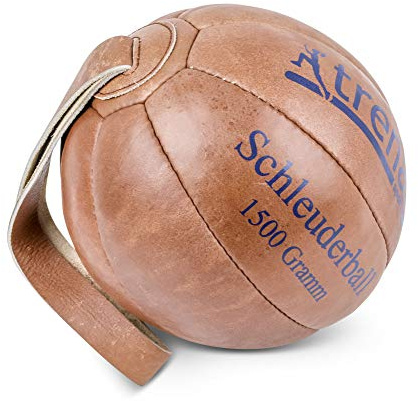 trenas - Schleuderball 1,5 kg aus Echtleder (Ø 21 cm), Klassischer Leder-Schleuderball für Verein, Krafttraining & Technik, Fest vernähte Lederschlaufe (28 cm) & Spezialgranulat