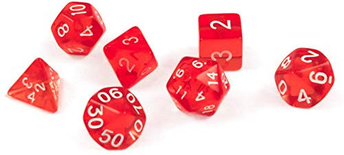 shibby 7 polyedrische Würfel für Rollen- und Tabletopspiele in transparent/rot mit Beutel