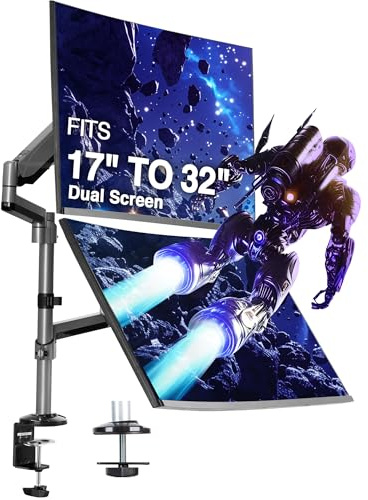 AVLT Dual 13-32 Stacked Monitor Arm Desk Mount - Fits Two Flat/Curved Monitors, Full Motion Height Swivel Tilt Rotation Adjustable Arm - Extra Tall/VESA/C-Clamp/Grommet | Supports flat/curved/ultrawide screens up to 19.8 lbs each. Gas spring, 28 arm lift, VESA 75x75/100x100, cable routing