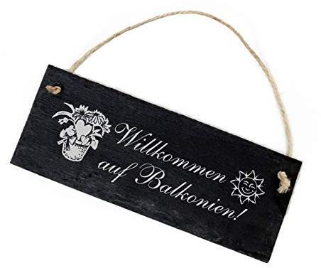 Schiefertafel Willkommen auf Balkonien - Sonne Blumentopf Schild - 22 x 8 cm