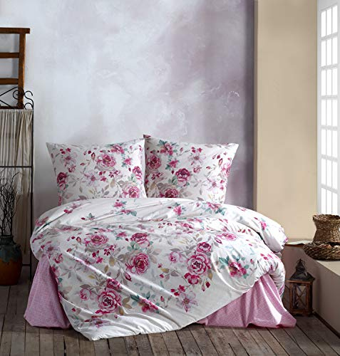 ZIRVEHOME Bettwäsche 200x220 cm. Weiß/Rosa geblümt, 100% Baumwolle/Renforcé mit Reißverschluss Atmungsaktiver 3 teilig Bettbezug Set mit Kissenbezuge 80x80 cm. Desima