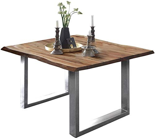 SAM Esstisch ULM 90x90 cm Akazie Natur Baumkante U-Gestell Edelstahl | Baumkantentisch massiv, Akazienholz naturfarben, 26 mm Tischplatte, Esszimmertisch