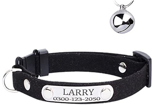Yonsbox Personalisiert Anti Strangulation Katzenhalsband mit Namen Glöckchen Sicherheitsverschluss Adresse 20-26 cm Hals Adjustable Schwarz Katzen Halsbänder für Alle Hauskatzen