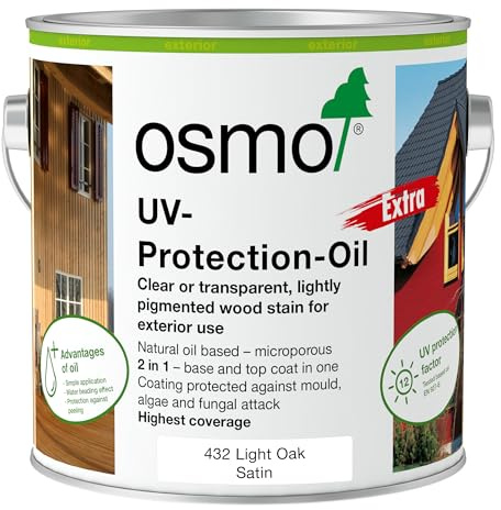 Osmo UV Protection Oil Extra 432 Light Oak Satin 2.5L – Natural Oil-Based Wood Finish for Exterior Cladding & Vertical Timber – Microporous Protection – Water & Dirt Repellent