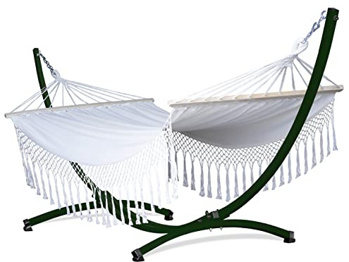 Potenza Outdoor Hängematte mit Gestell für 2 Personen I Stabhängematte XXL 220x160, 200kg I Hängemattengestell 220kg Wetterfest (Santia-Ecru, Gestell Grün)