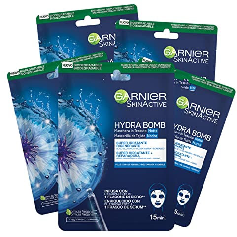 Garnier Maschera in Tessuto Skin Active Hydra Bomb Notte, Idratante e Rigenerante, Con Acido Ialuronico, Acqua Marina e Fiordalisio, Per Pelli Stanche e Sensibili, Confezione da 5