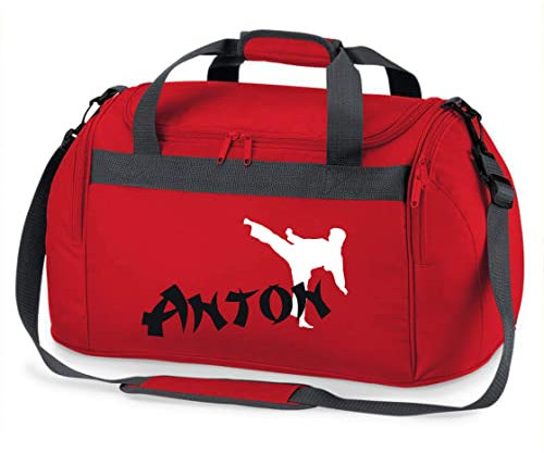 Sporttasche Karate mit Namen für Jungen | Personalisierte Kinder-Reisetasche Kampfsport Judo | Groß für Sport-Verein (rot)