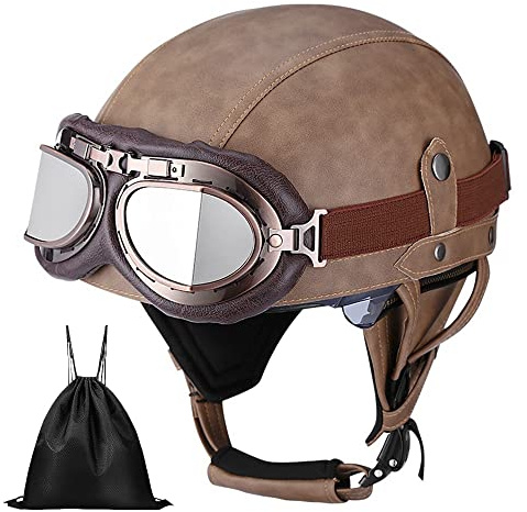 German Retro Motorcycle Leather Half Helmets Vintage Car Jet Helmet, Scooter Motocross Helmet, ECE Approval Adult with Protective Goggles for Men and Women mit Aufbewahrungstasche