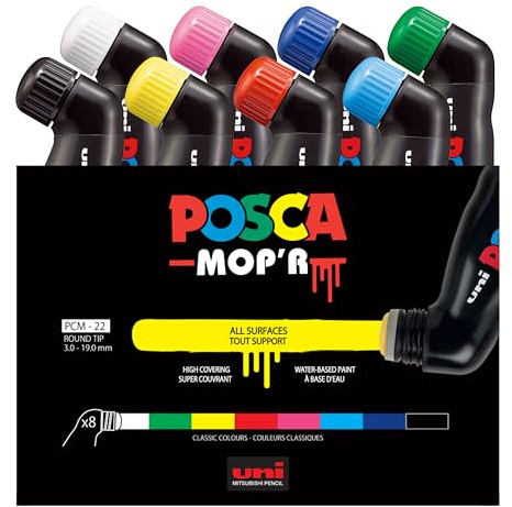 POSCA MOP'R PCM-22 vattenbaserade permanenta färgmarkörer. Rund spets för konst och hantverk. Användning med flera ytor på trä metall papper kanvas kartong glastyg keramik sten sten gren porslin. Låda