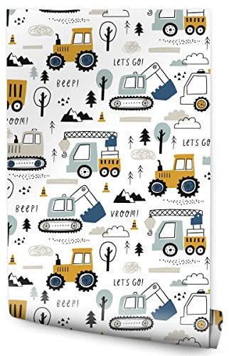 Muralo Vlies Tapete für Jungen Lastkraftwagen Bagger Kräne Traktor Transport Bäume Wolken Berge Himmel Skandinavischer Stil Wand Tapete 1000 x 53cm Kinderzimmer Spielzimmer Moderne Wanddeko