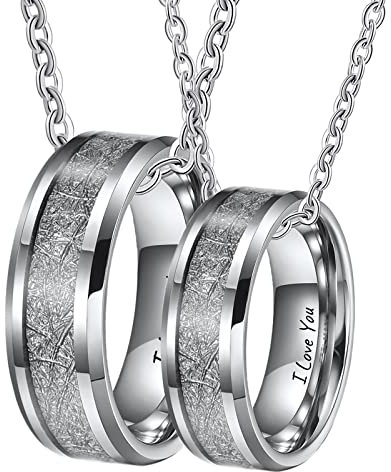 Bishilin Halskette Paare mit Gravur I Love You, Partnerketten Edelstahl Charms Anhänger Ring 8MM mit Metall Pärchen Halskette für 2