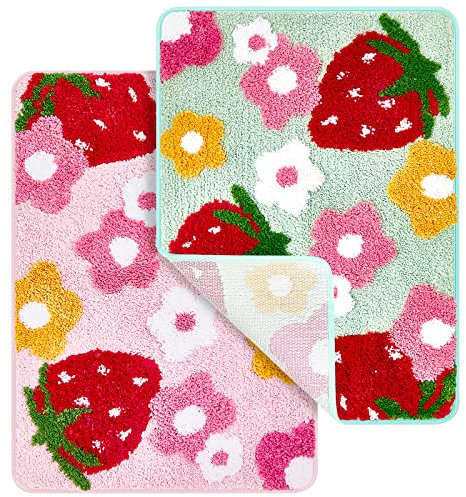 Nuanchu 2 Stück Erdbeer-Badematte, weich, gemütlich, Erdbeere, Badezimmerteppiche, saugfähig, rosa, niedlich, rutschfest, Plüsch, waschbar, Bodenmatte, Blumenfußmatte, Badezimmerdekoration, 45x65 cm