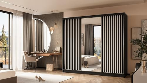 ALTDECOR Kleiderschrank mit Spiegel und Schiebetüren, kugelgelagerte Führungsschienen und Aluminium-Leisten, LED-Beleuchtung (16 Farben) und Fernbedienung - LAMELO - 240 cm Schwarz + Schwarz + Weiß